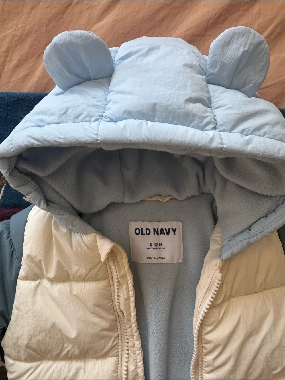 Old Navy Baby Blue & Cream Puffer Jacket with Hood 6-12m
